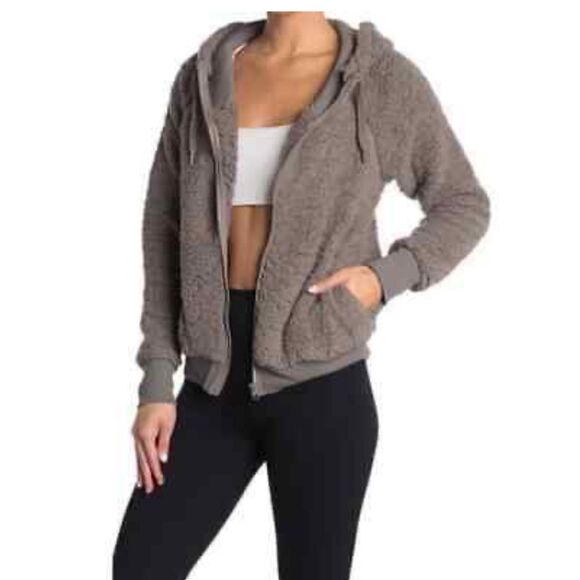 𝅺z by Zella up & over faux shearling zip hoodie in tan driftwood size medium - Picture 1 of 12